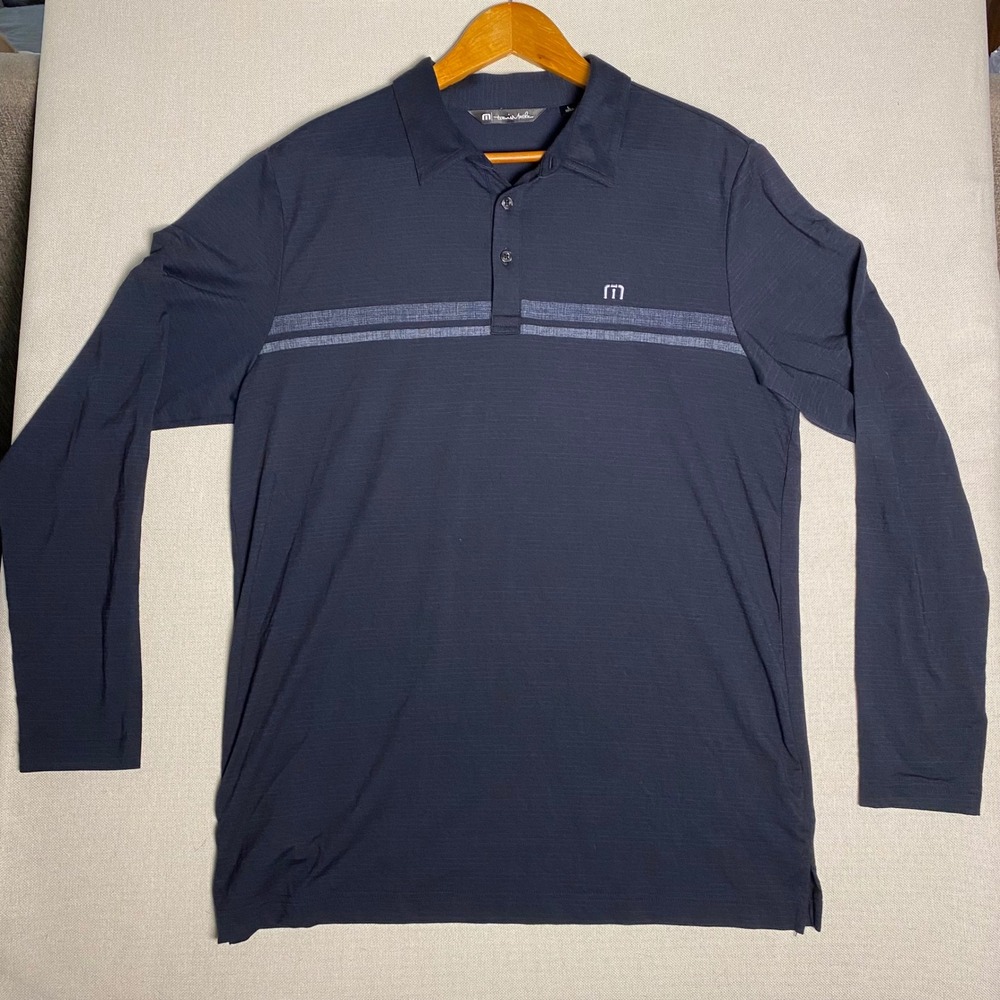Travis Mathew Mens Navy Blue Long Sleeve Striped Polo Shirt Large